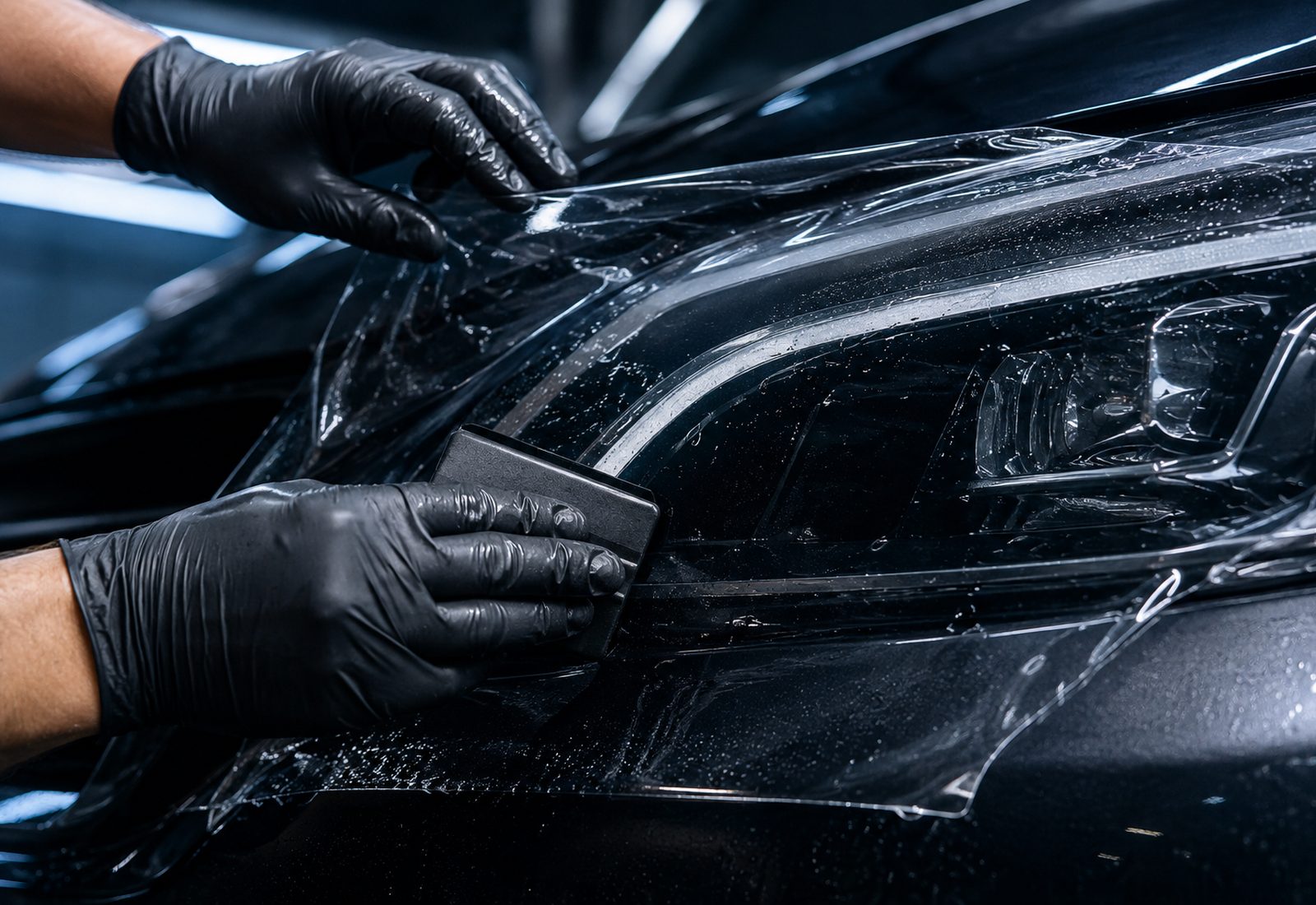 Paint protection film being applied to a vehicle